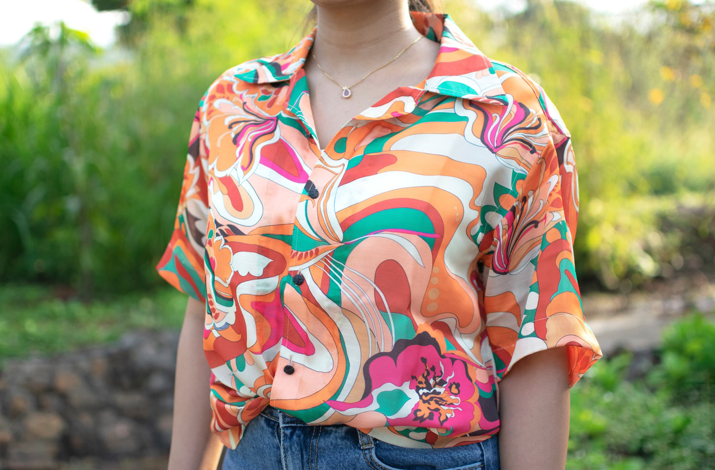 Retro Bloom Linen Silk Shirt – Vibrant Abstract Print