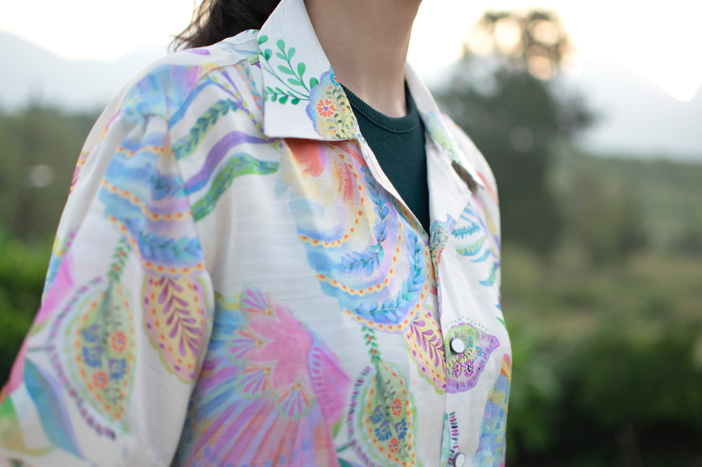 Sea Breeze Bloom Linen Silk Shirt – Pastel Garden Escape