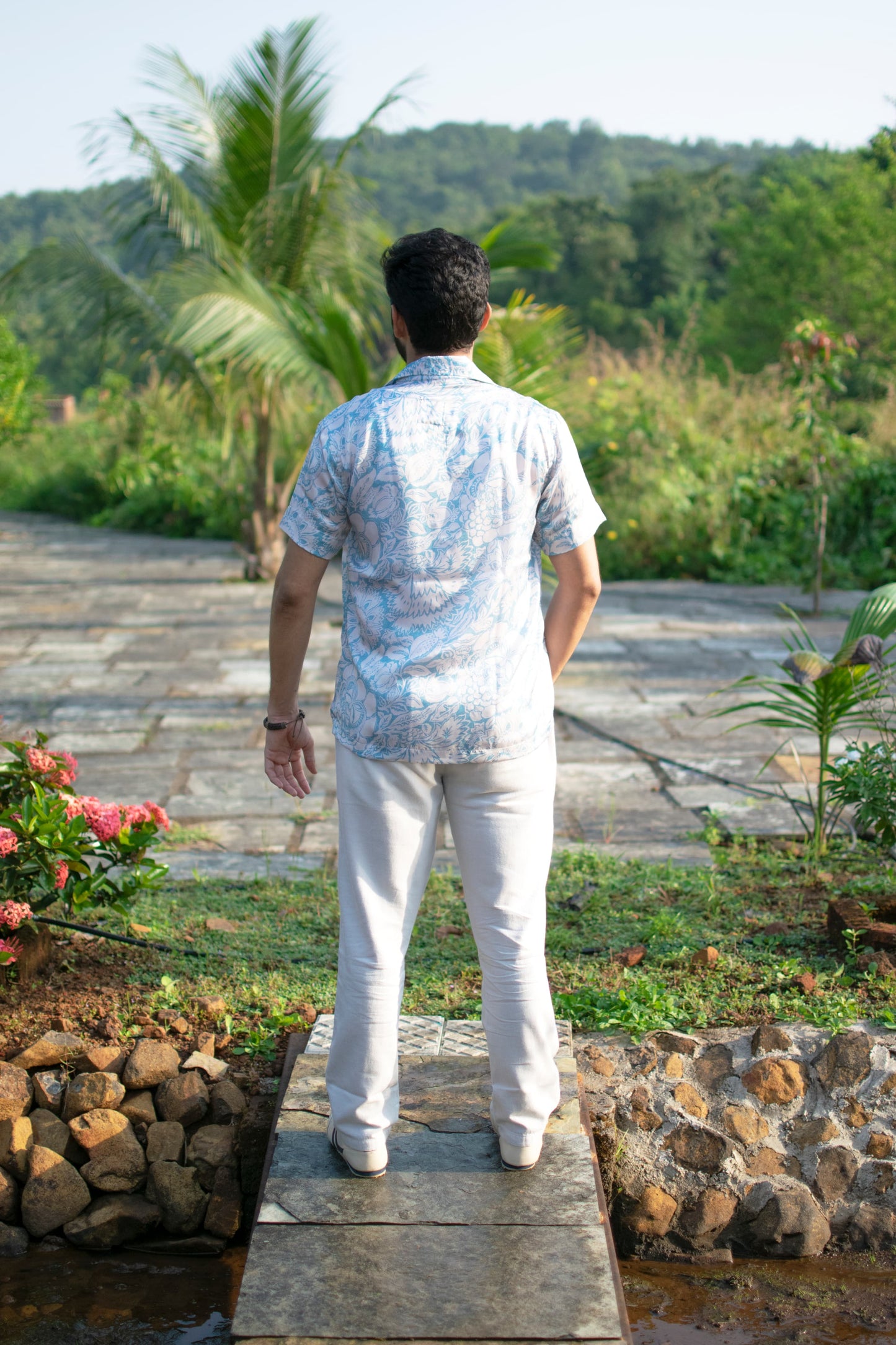 Azure Bloom Linen-Silk Resort Shirt