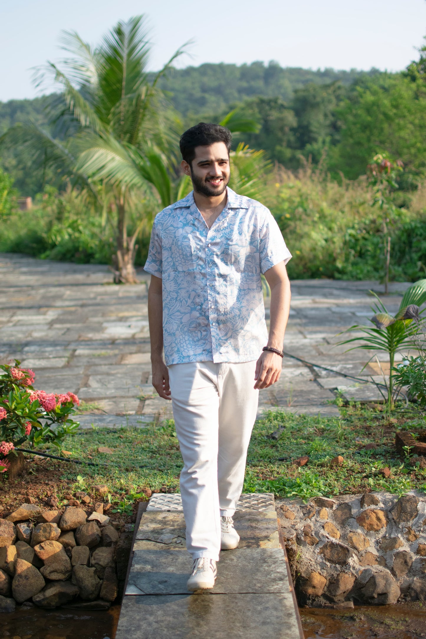 Azure Bloom Linen-Silk Resort Shirt