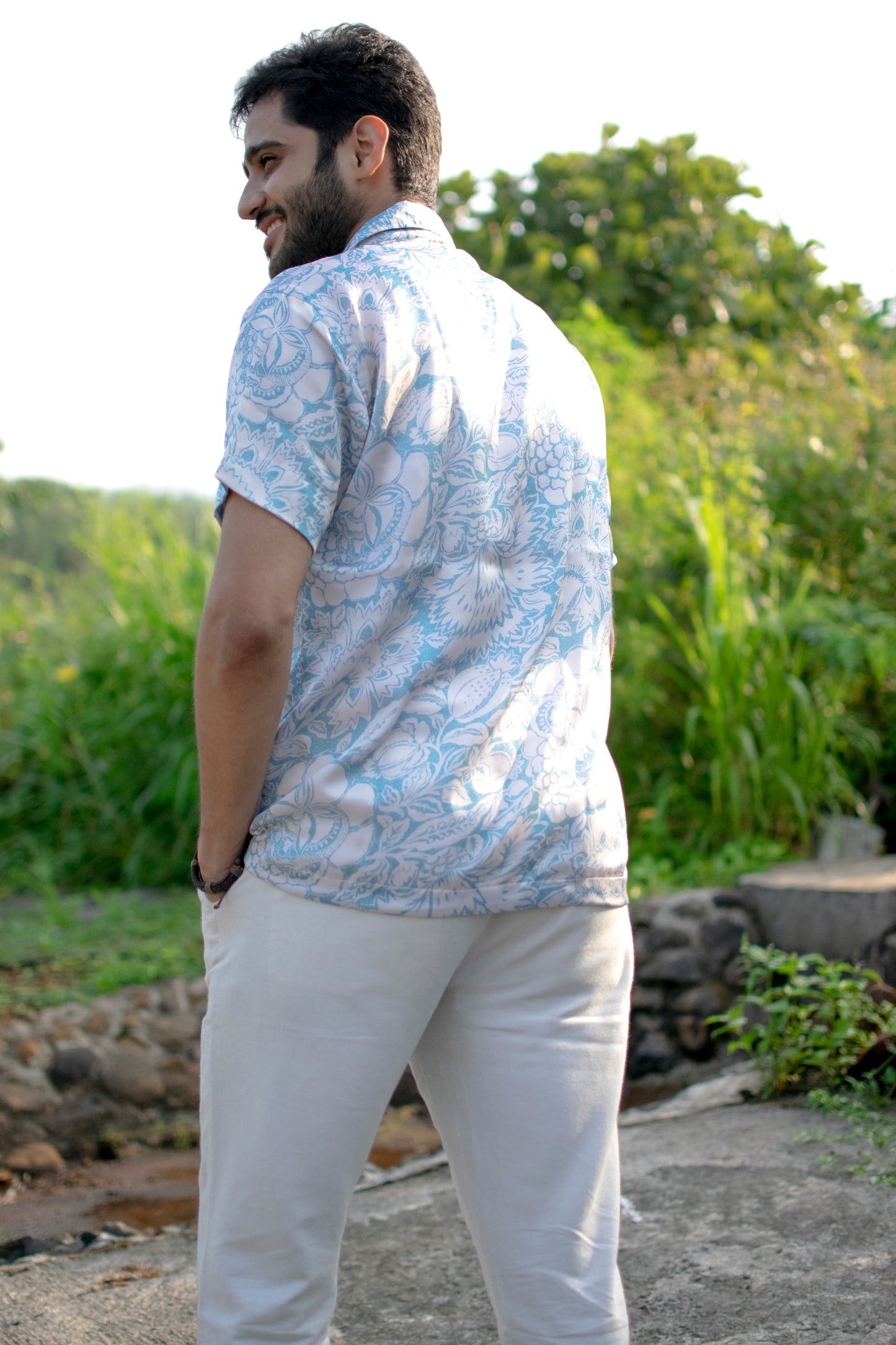 Azure Bloom Linen-Silk Resort Shirt