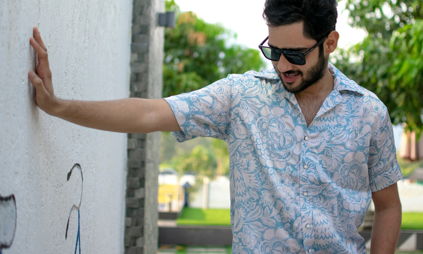 Azure Bloom Linen-Silk Resort Shirt