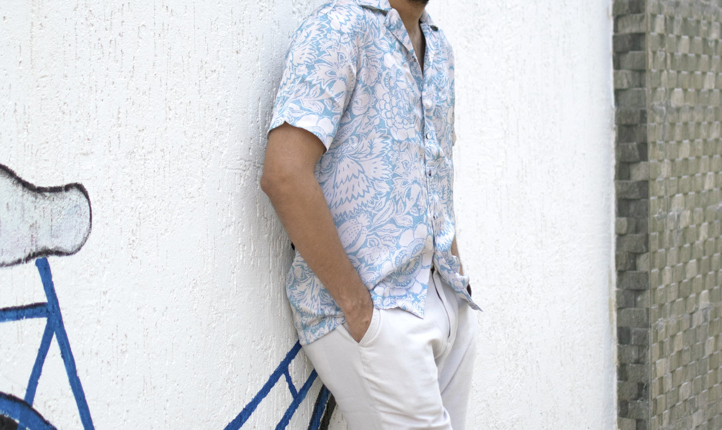 Azure Bloom Linen-Silk Resort Shirt