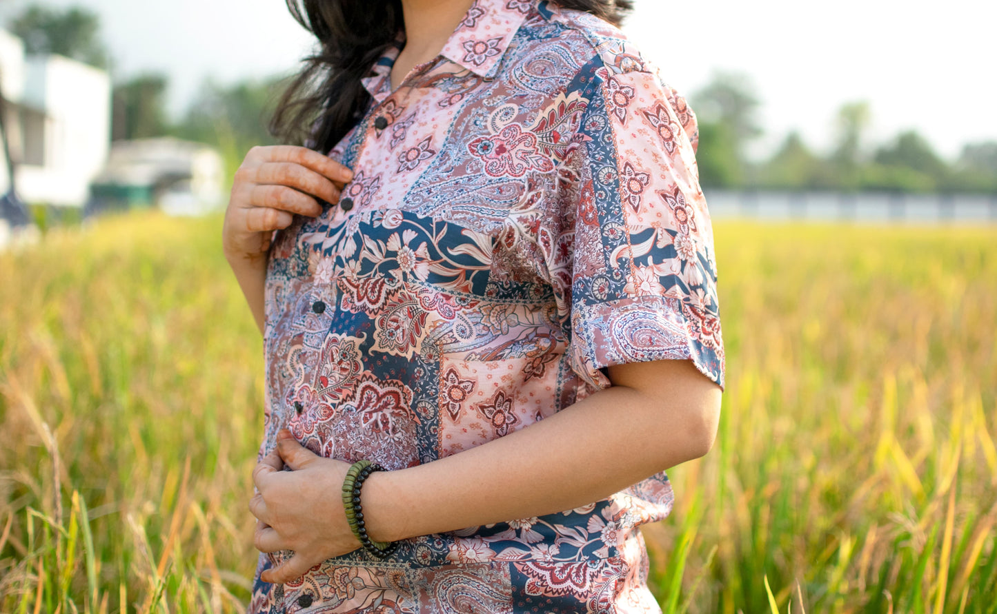 Paisley Blossom Linen Silk Shirt – Pink & Indigo