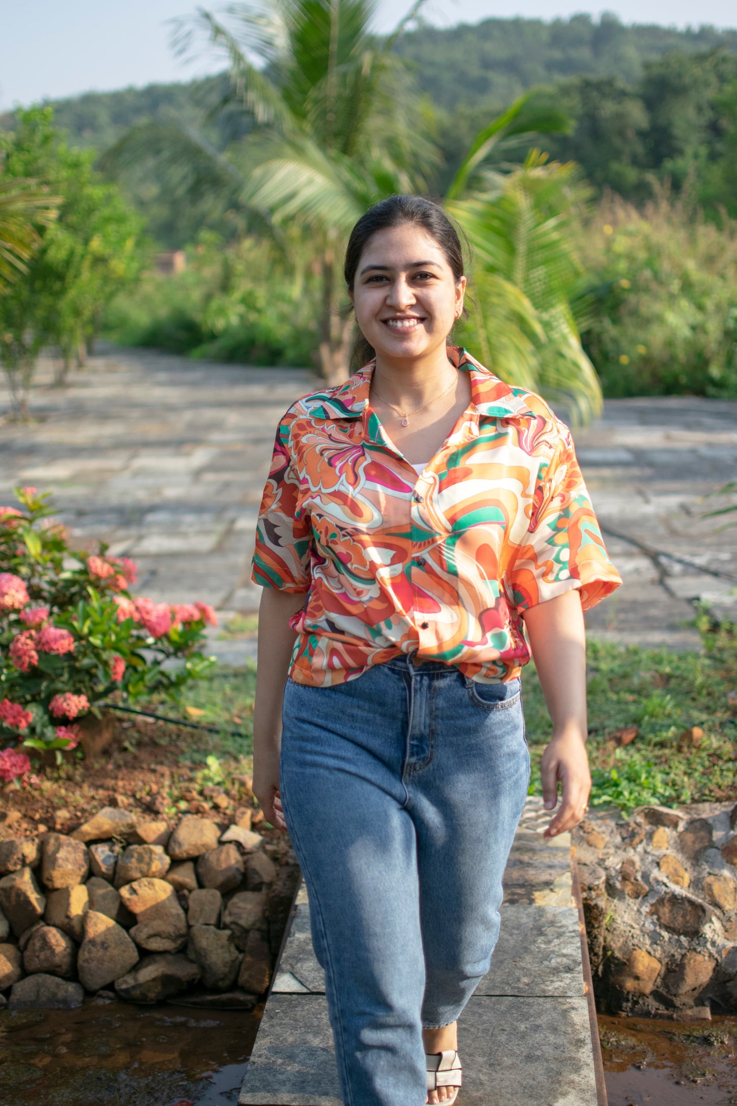 Retro Bloom Linen Silk Shirt – Vibrant Abstract Print