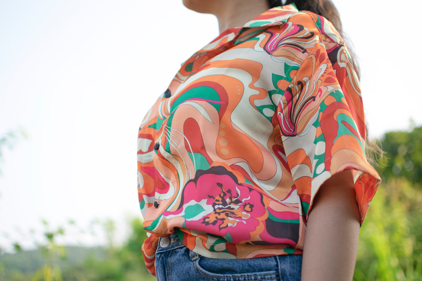 Retro Bloom Linen Silk Shirt – Vibrant Abstract Print