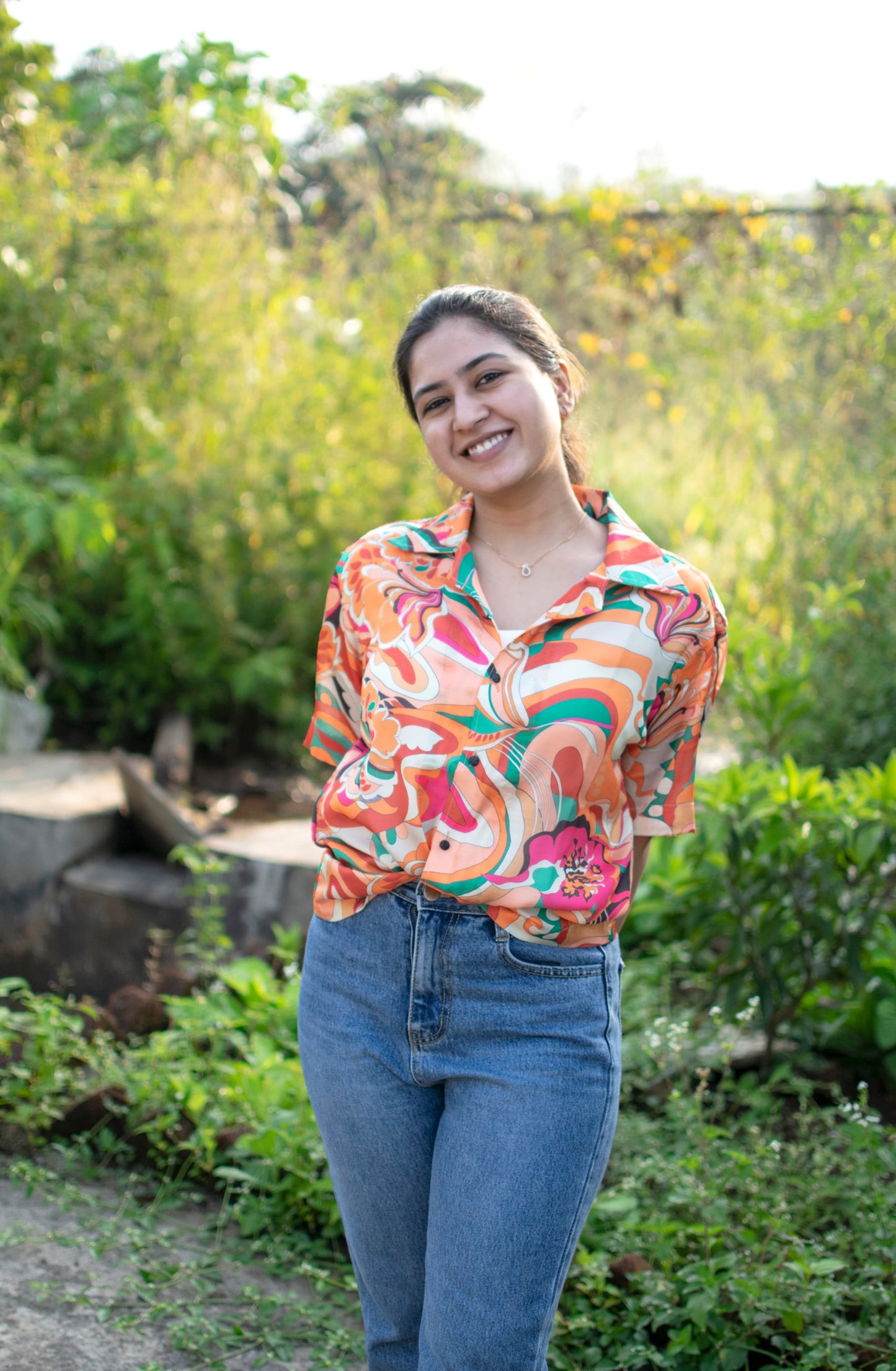 Retro Bloom Linen Silk Shirt – Vibrant Abstract Print