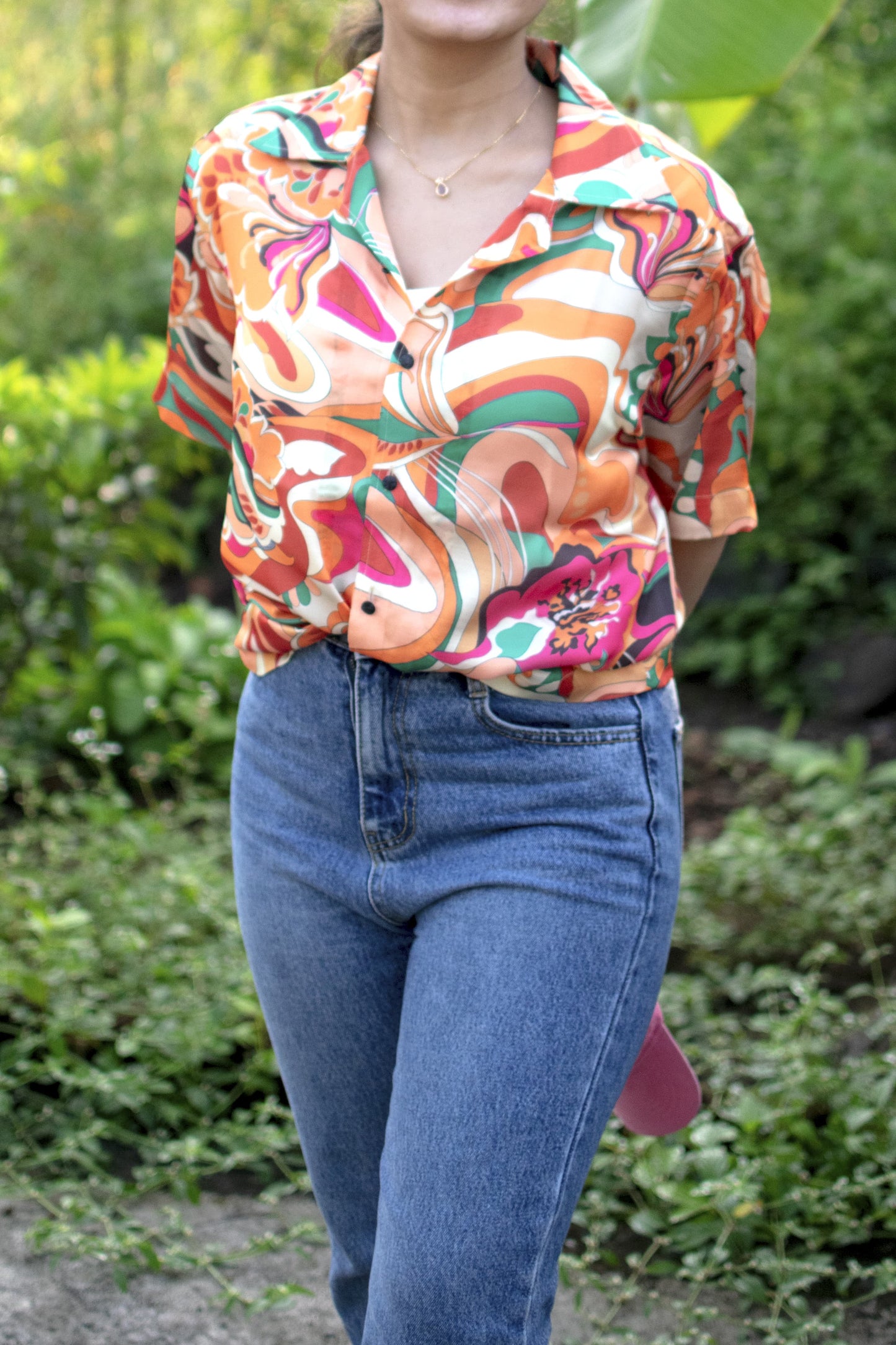 Retro Bloom Linen Silk Shirt – Vibrant Abstract Print