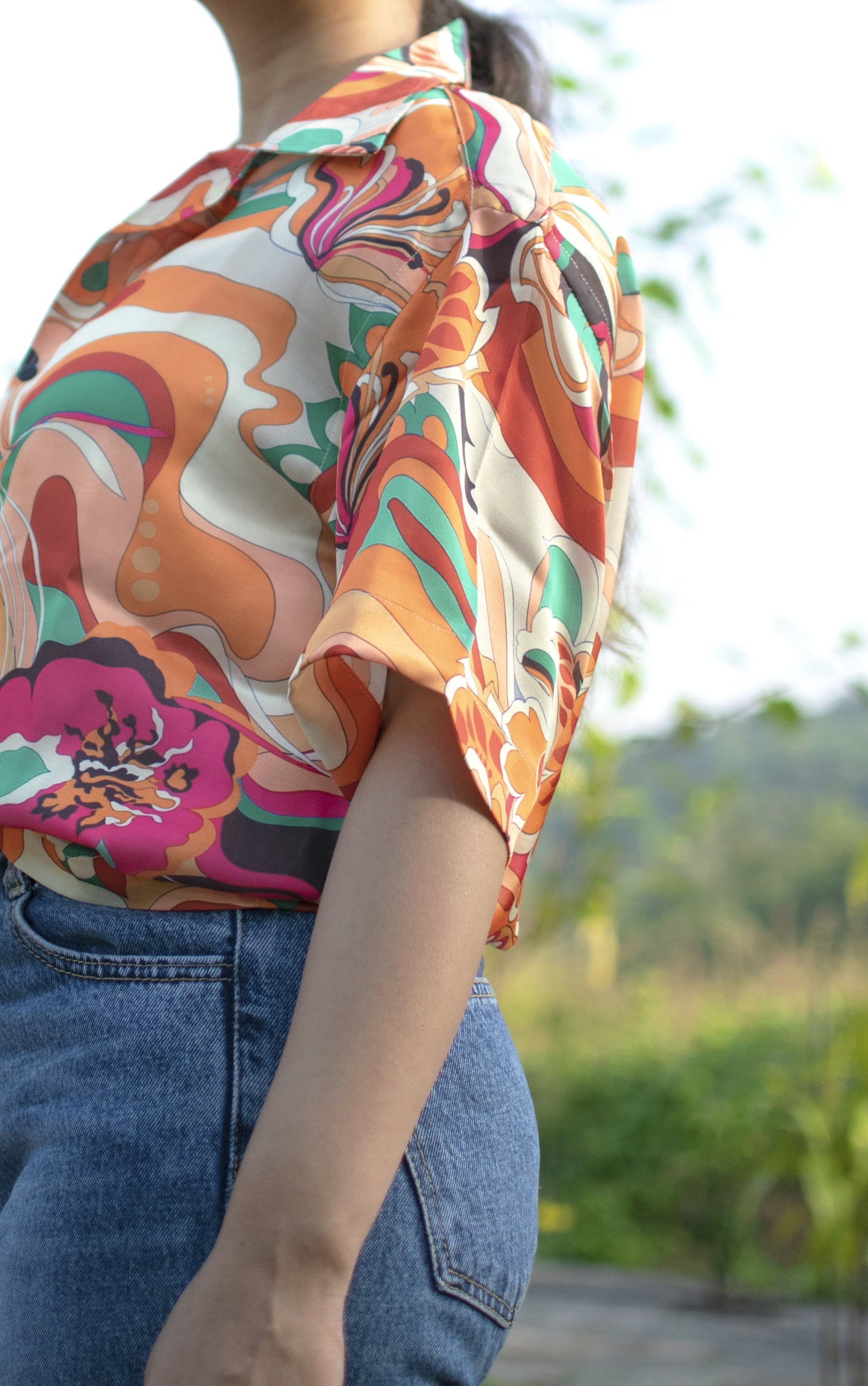 Retro Bloom Linen Silk Shirt – Vibrant Abstract Print