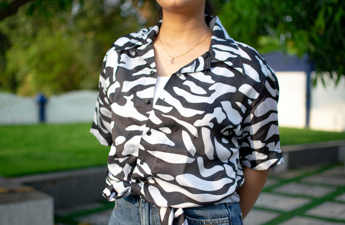 Urban Safari Linen Silk Shirt – Monochrome Abstract Pattern