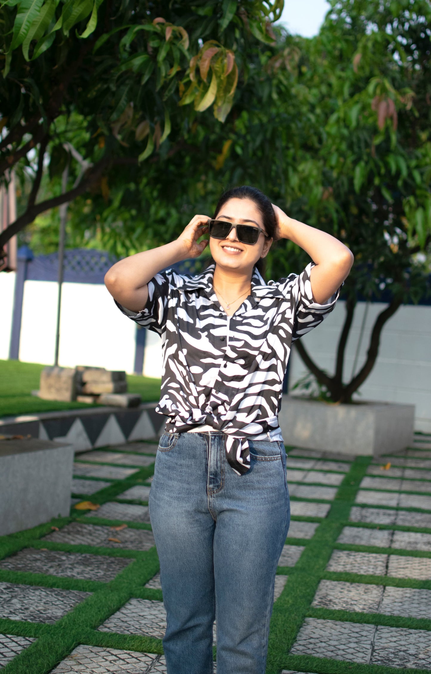 Urban Safari Linen Silk Shirt – Monochrome Abstract Pattern