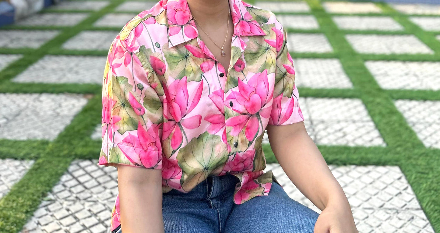 Lotus Bloom Linen Silk Shirt – Pink Floral Radiance