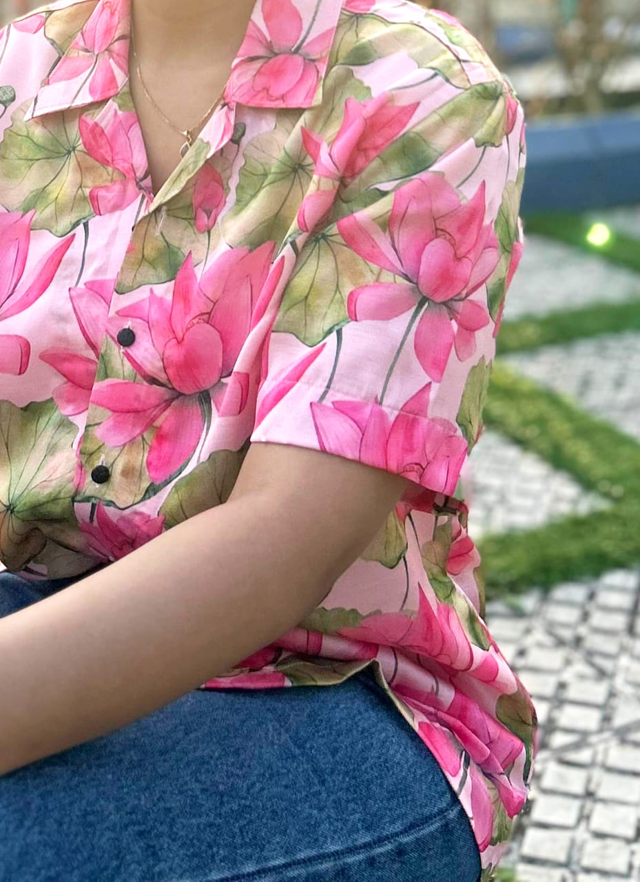 Lotus Bloom Linen Silk Shirt – Pink Floral Radiance