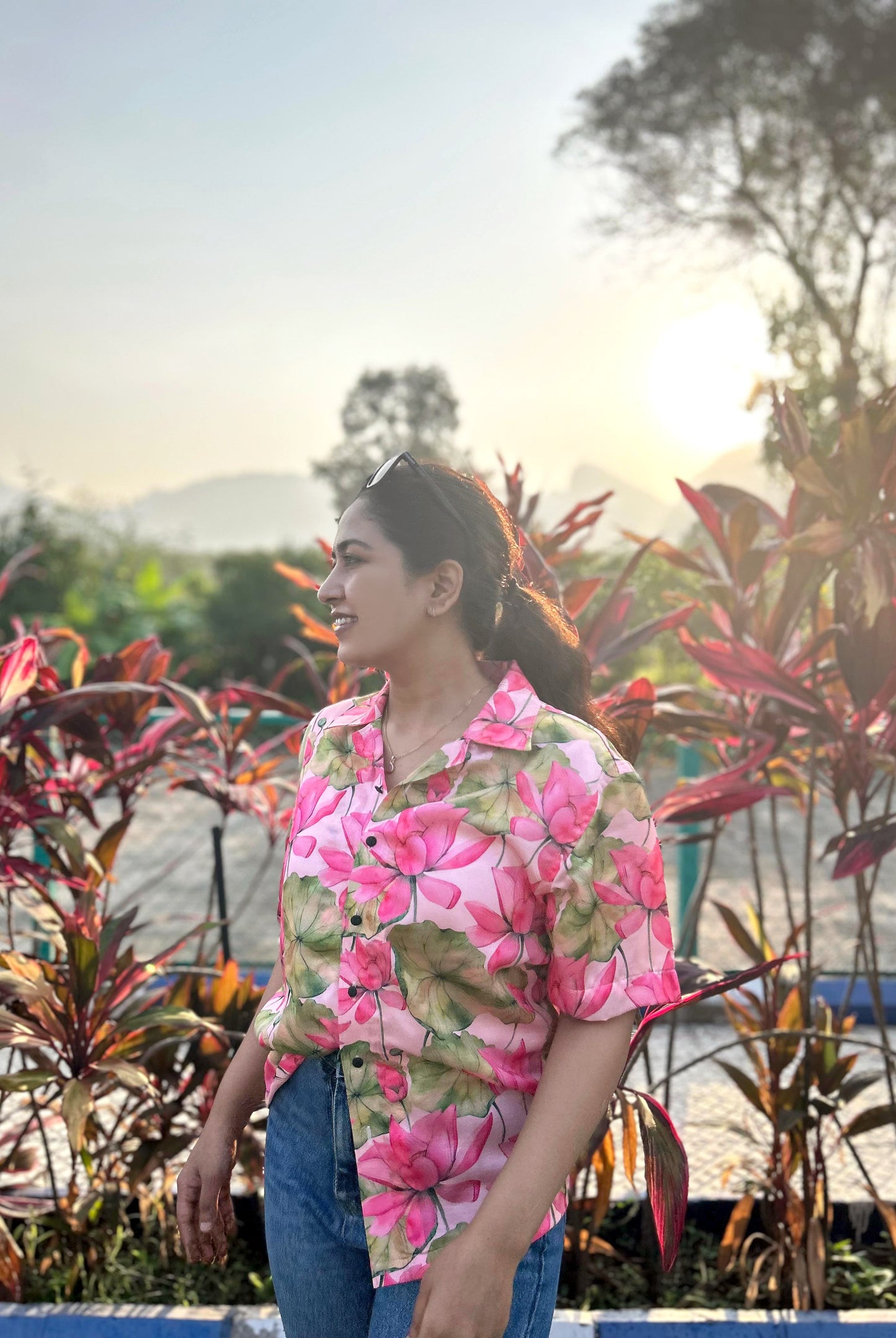 Lotus Bloom Linen Silk Shirt – Pink Floral Radiance