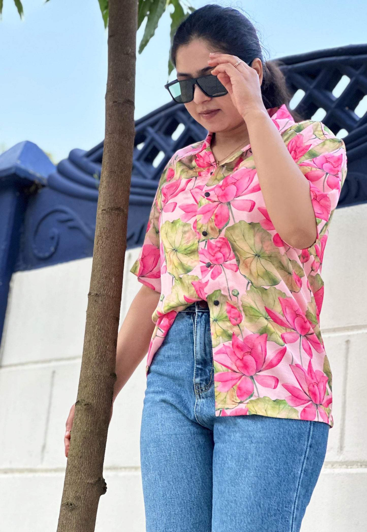 Lotus Bloom Linen Silk Shirt – Pink Floral Radiance