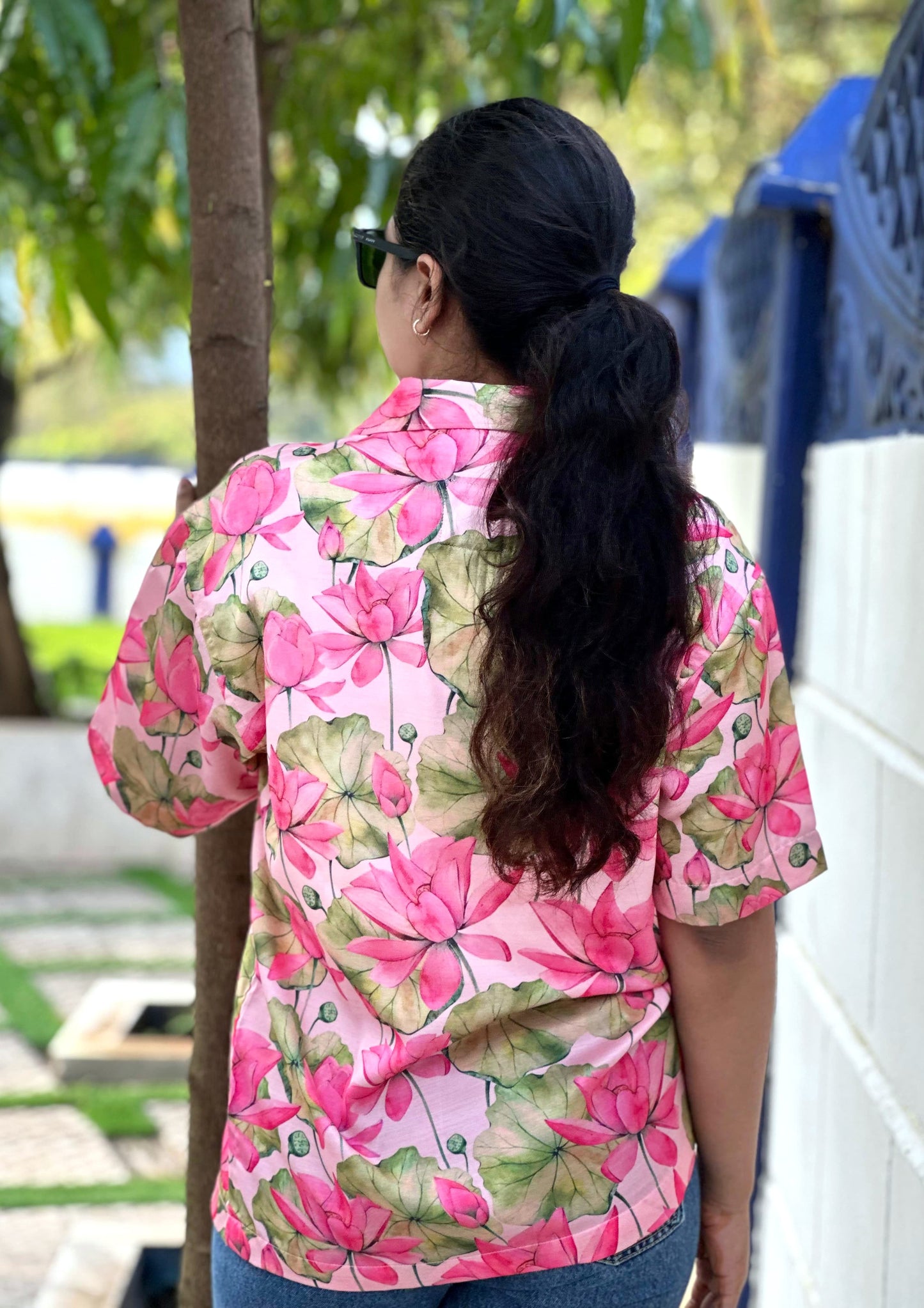 Lotus Bloom Linen Silk Shirt – Pink Floral Radiance