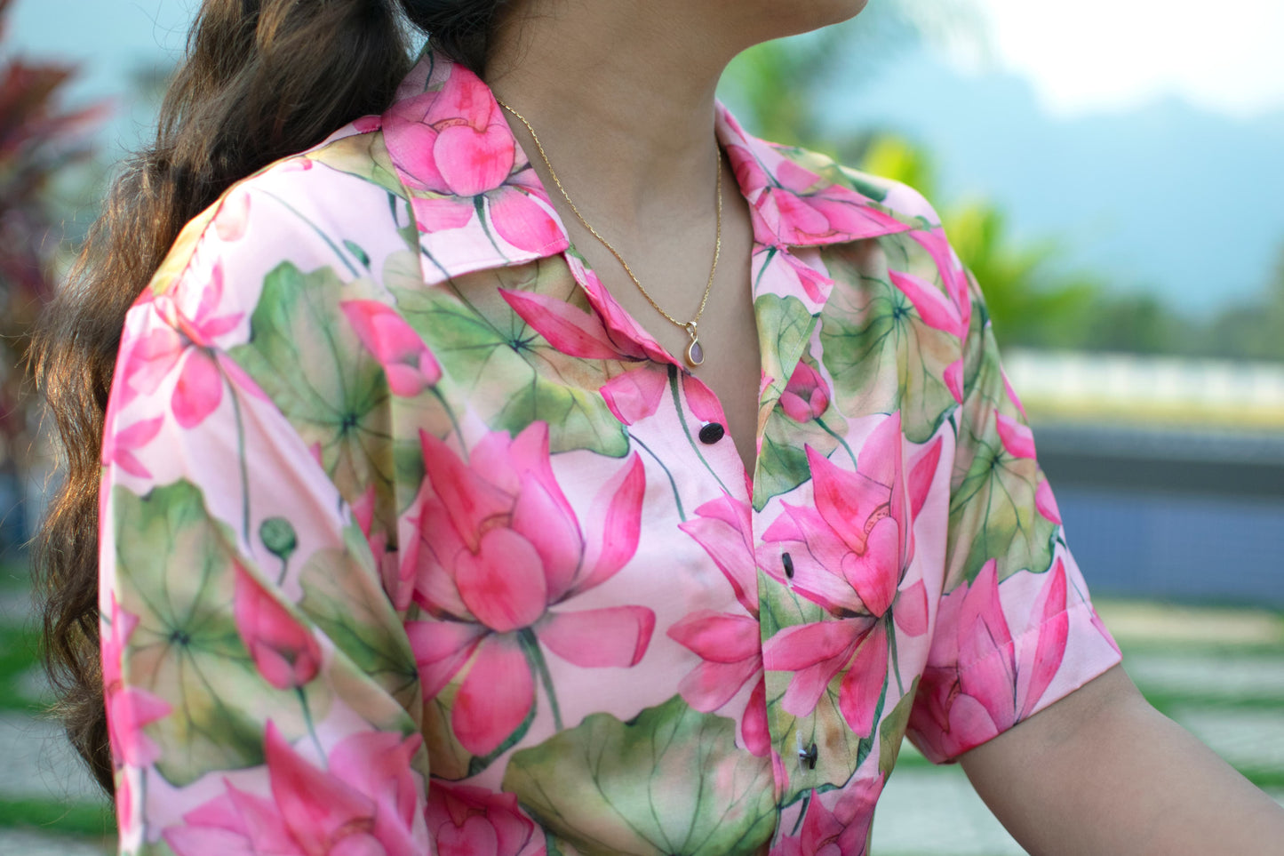 Lotus Bloom Linen Silk Shirt – Pink Floral Radiance