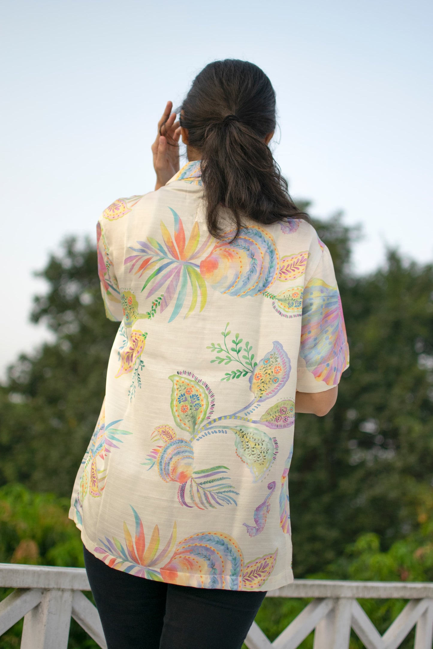 Sea Breeze Bloom Linen Silk Shirt – Pastel Garden Escape